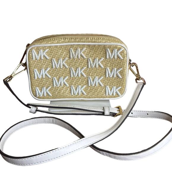 MICHAEL KORS Kenly Double Zip Natural Straw Small Camera Crossbody - Picture 1 of 10